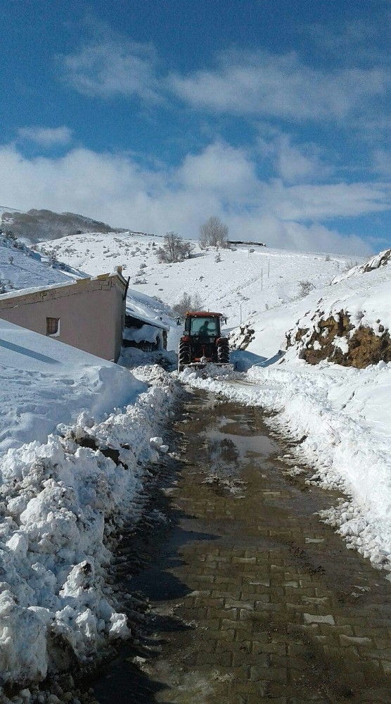 Köy muhtarı karla kaplı yolu traktörle açtı
