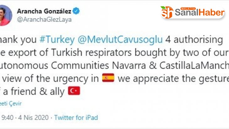 İspanya Dışişleri Bakanı Laya'dan solunum cihazları için Türkiye'ye teşekkür
