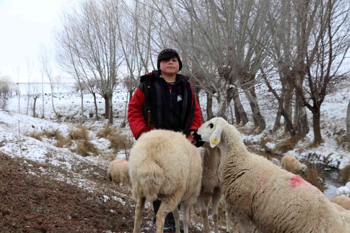 11 yaşındaki çoban dondurucu soğukta sürü güdüyor
