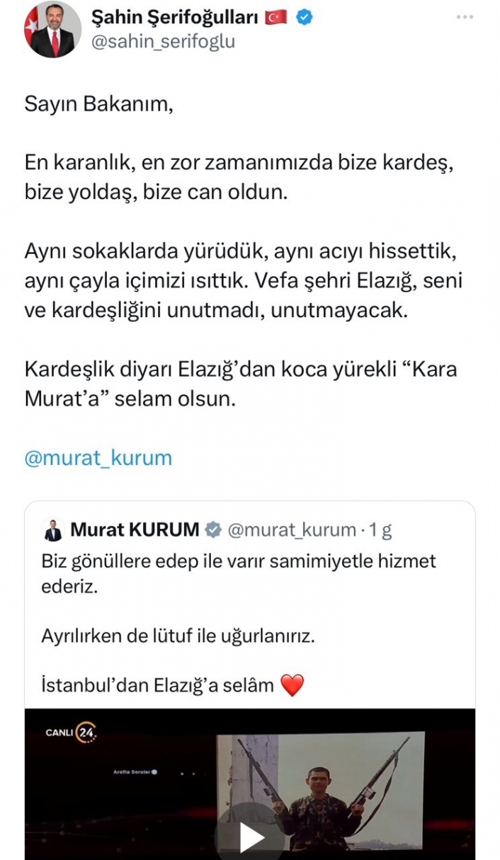 Başkan Şerifoğullarından Murat Kuruma: 