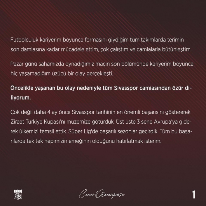 Caner Osmanpaşa, Sivasspor camiasından özür diledi
