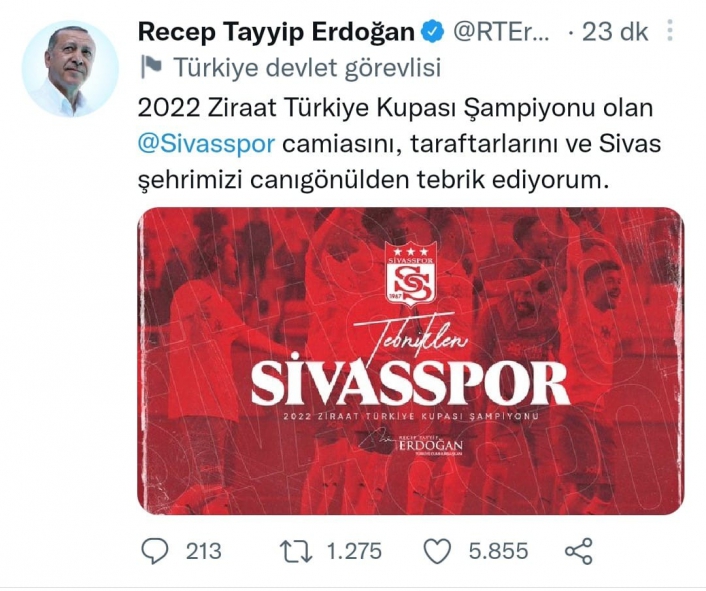 Cumhurbaşkanı Erdoğan, Sivasspor´u tebrik etti
