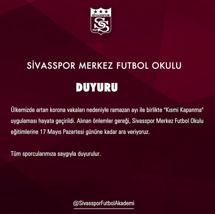 Sivasspor futbol okulu eğitimine ara verdi!
