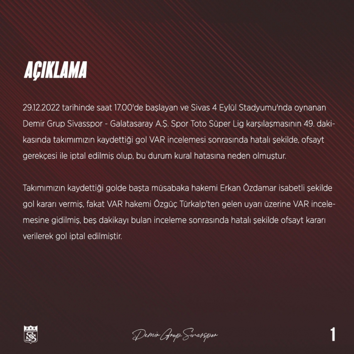 Sivasspor, Galatasaray maçının tekrarı için TFF´ye başvurdu
