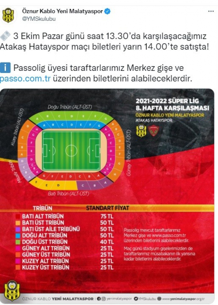 Yeni Malatyaspor - Hatayspor maçının biletleri satışa çıkıyor
